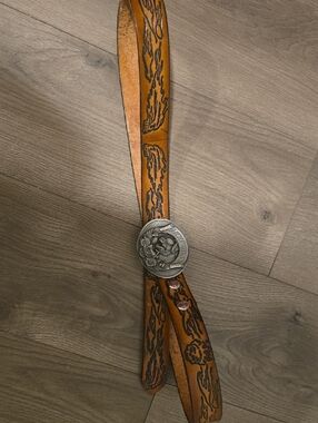 Men's Brown Tooled Leather Belt with Decorative Silver Buckle